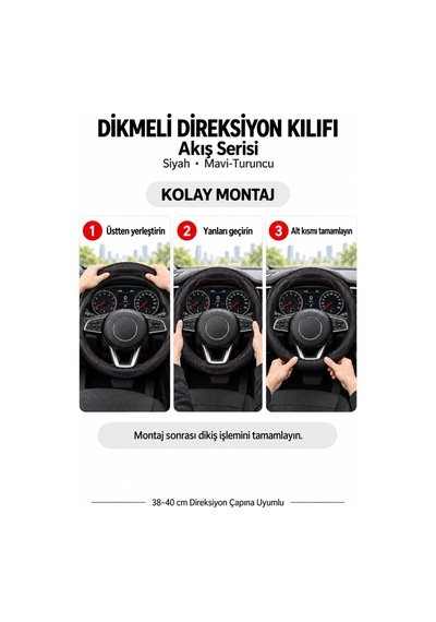 Trobus Citroen C3 2024-2025 Uyumlu Dikmeli Direksiyon Kılıfı Akış Siyah Mavi-turuncu Siyah - Mavi-turuncu