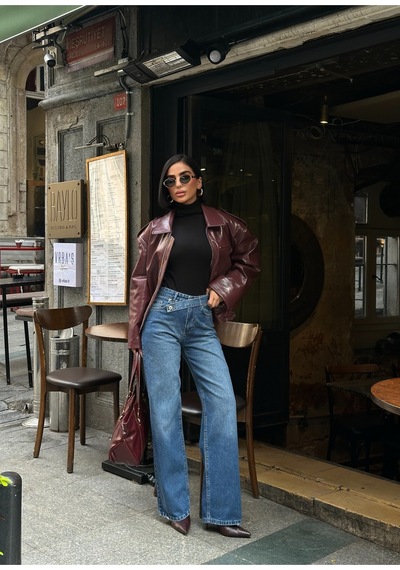 Meecy Kadın Yüksek Bel Kemer Detaylı Palazzo Likralı Kot Pantolon Lacivert Lacivert