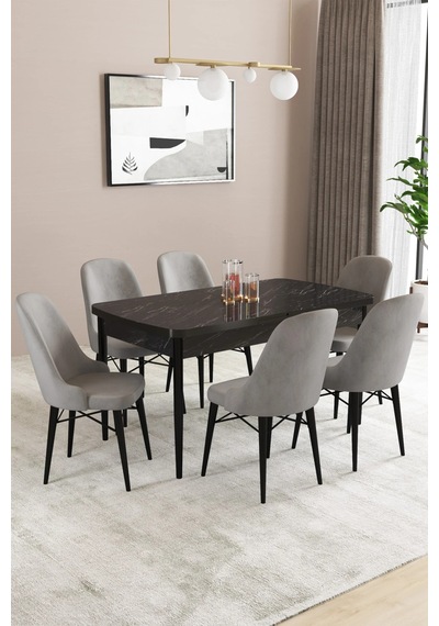 Familieconcept Almira Serisi, Siyah Mermer Desen 80x132 Açılabilir Mdf Mutfak Masası Takımı 6 Adet Sandalye Gri Familieconcept Almira Serisi, Siyah Mermer Desen 80x132 Açılabilir Mdf Mutfak Masası Takımı 6 Adet Sandalye Gri