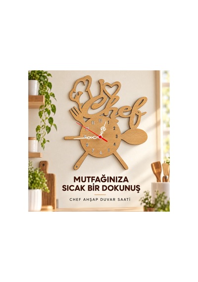 Chef Detaylı Sessiz Mekanizma Ahşap 27x30 Cm Duvar Saati Restoran, Mutfak İçin İdeal Lüx Duvar Dekoru Saat