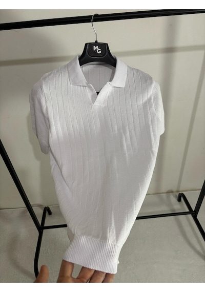 Apaş Yaka Triko T-shirt Beyaz