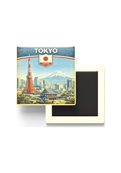 Japonya Tokyo Şehri Temalı Vintage Buzdolap Magneti 9x9 Cm