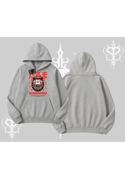 Startmore Kapşonlu Sweatshirt Daruma Kedi Anime Baskılı Gri