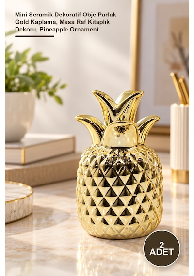 2 Adet Ananas Biblo Mini Seramik Dekoratif Obje Parlak Gold Kaplama, Masa Raf Kitaplık Dekoru, Pineapple Ornament 1