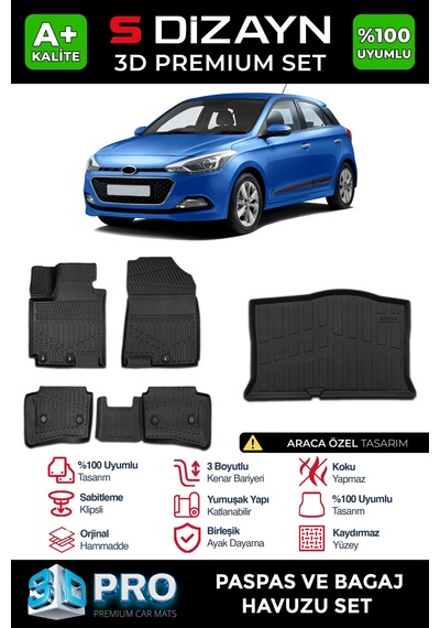 S-dizayn Hyundai İ20 3d Pro Havuzlu Paspas Ve Bagaj Havuzu Seti 2'li Set 2014-2020 A+ Kalite