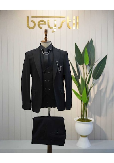 Beystil Sivri Yaka Siyah Takım Elbise Elanor - Slim Fit Siyah
