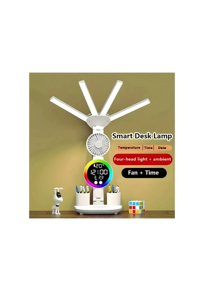 Multifonksiyonel 4 Başlıklı 3 Renk Ve Ton Ayarlı Masa Lambası Kalemlik Saat Takvim Sıcaklık Göstergesi Rgb Led Işıklı 3 Hız Kademeli Vantilatör Fan Telefon Tutucu