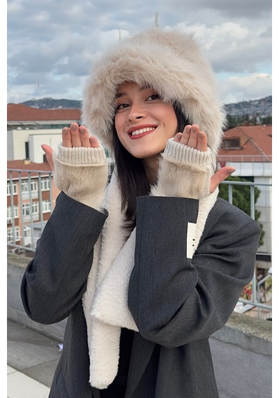 Mollycrush Peluş Bucket Kalpak Atkı Eldiven 3'lü Set Kadın Kışlık Suni Kürk Bej 3'lü Takım Bej