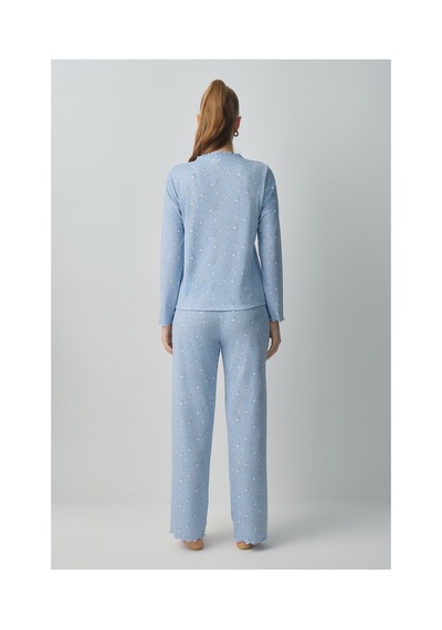 Suwen Mina Gömlek Yaka Pijama Takımı Wsh10510038348 Mavi