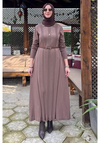 Rabia Şamlı Biricik Kemerli Triko Elbise Sütlü Kahve Normal