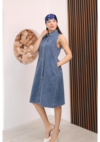 Kadın Açık Mavi Sıfır Kol Gömlek Yaka Denim Kot Elbise