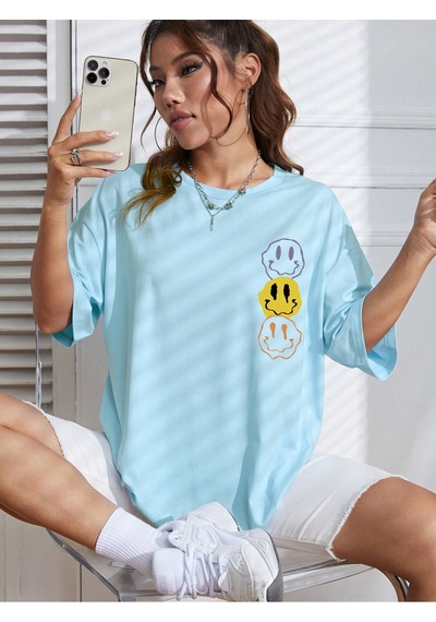 Noıssey Karikatür Ve Grafik Tasarım Oversize T-shirt Cartoon/letter Serisi Kod45 Mavi