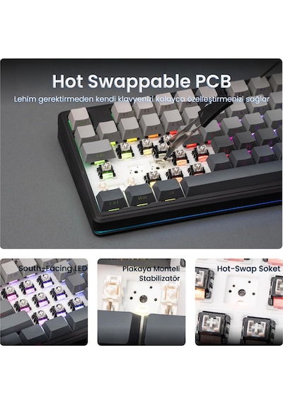 Aula F87 Pro V2 Mekanik Rgb Tkl Graywood V4 Switch Kablosuz Makrolu Hot Swap Klavye Gradyan Gri