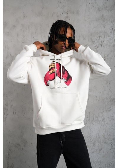 Ertaştrendstore Erkek Kapüşonlu Cepli Boks Eldiven Baskılı 3 İplik Sweatshirt Hoodie - Beyaz Çok Renk