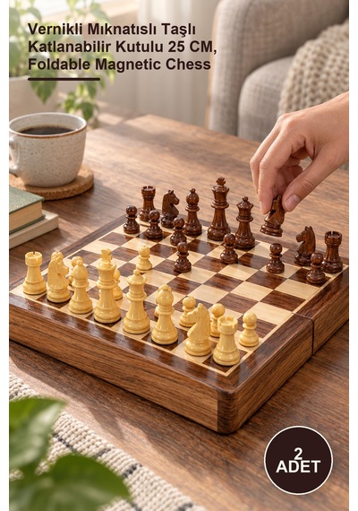 2 Adet Ahşap Satranç Takımı Vernikli Mıknatıslı Taşlı Katlanabilir Kutulu 25 Cm, Foldable Magnetic Chess