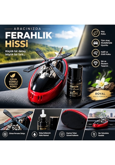Güneş Enerjili Helikopter Araba Kokusu-kokusu  Araba Süsü Kırmızı - Siyah Set