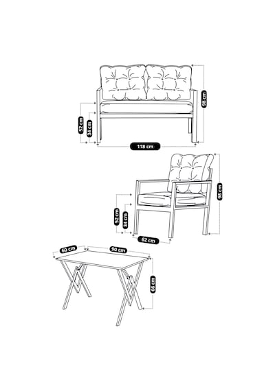 Ard & Garden Miray 211 Masalı Antrasit Fermuarlı Bahçe Balkon Takımı, Salon, Teras- Berjer Düğmeli Metal Çay Seti Gri