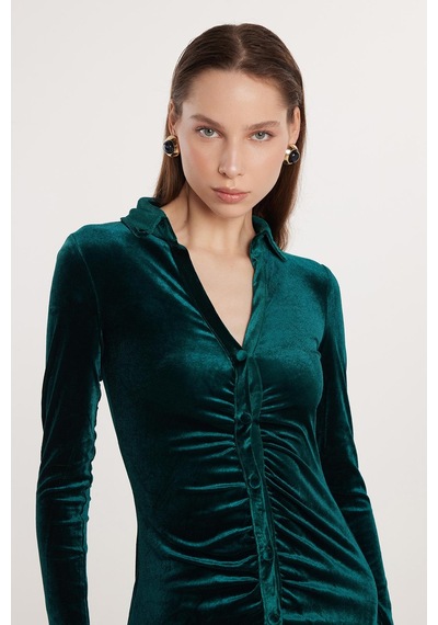 Tudors Kadın Slim Fit Dar Kesim Kısa Kol Yeşil Mini Boy Elbise-33345 Yeşil