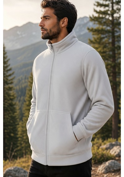 Givoria Erkek Kışlık Fermuarlı Cepli Polar Hırka Outdoor Beyaz Beyaz