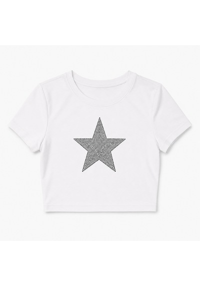 Bozzbozzcollection Beyaz Taşlı Yıldız Detaylı Basic Crop Tişört Kadın