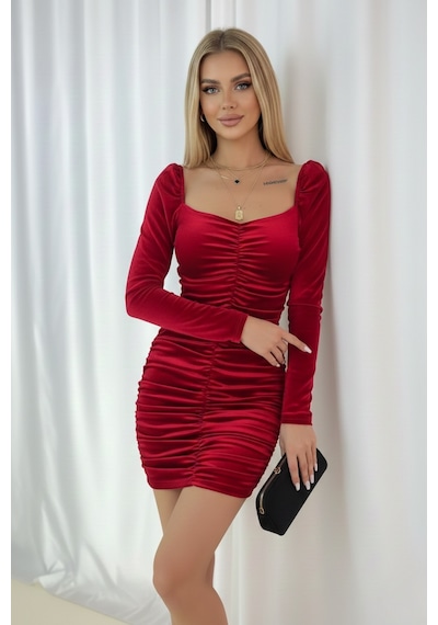 Defymoda Kadın Omuz Dekolteli Modern Elbise Kırmızı