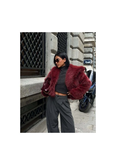 Glammoss L'atelier Kabarık Yaka Kürk Ceket Glm-579 Bordo Bordo