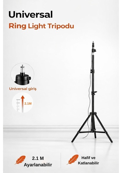 Universal Girişli Ring Light Tripodu 2.1 Metre Ayarlanabilir Işık Standı Katlanabilir Hafif T Altın