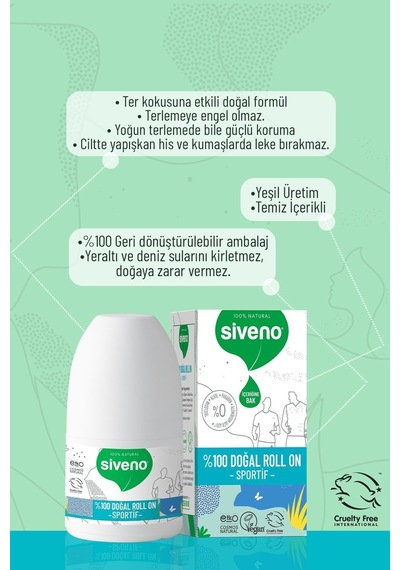 Siveno %100 Doğal Roll-on Sportif Sporcu Deodorant Ter Kokusu Önleyici Bitkisel Lekesiz 50 Ml X2 Adet