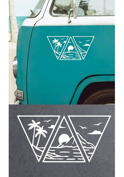 Sahil Palmiye Dağ Güneş Manzara Sticker Beyaz Renk 20cm