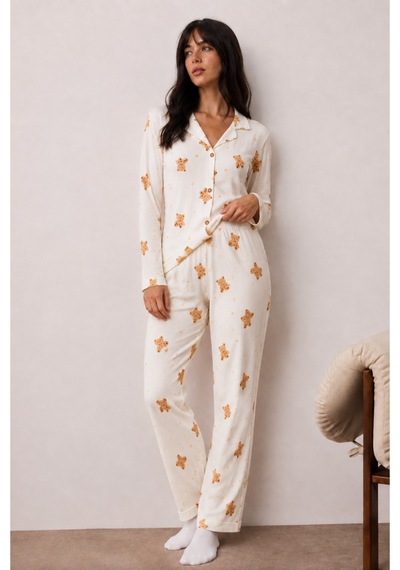 Fit Women Kadın Uzun Kollu Düğmeli Alt Üst Uyku Beyaz Pijama Takımı