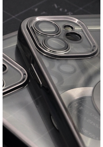 Apple Uyumlu iPhone 11 Siyah Renkli Kenarlı Lazerli Şeffaf Kılıf Lens Korumalı