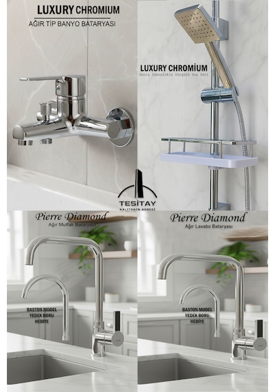 4 Lü Lüks Batarya Duş Takımı Geniş Şampuanlıklı Sürgülü Duş Banyo Lavabo Mutfak Muslukları Krom Renk Krom