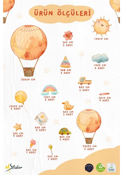 Eğlenceli Balonlar Ve Figürler Çocuk Bebek Odası Duvar Cam Sticker Seti, Balon Çiçekler Gökkuşakları Dijital Baskı