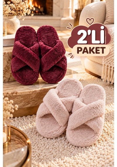 Modafrato 2'lü Paket Tüylü Çapraz Kadın Terlik Ev Terliği Ses Yapmayan Taban Yumuşak Rahat Terlik Bordo-pudra Modafrato 2'lü Paket Tüylü Çapraz Kadın Terlik Ev Terliği Ses Yapmayan Taban Yumuşak Rahat Terlik Bordo-pudra