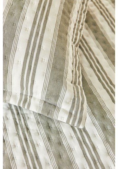 Ocean Home Textile Pamuklu Kapitoneli Haki Renk Çizgi Desen Tek Kişilik Yatak Örtüsü Seti 1 Adet 180 X 230 / 1 Adet 50 X 70 Cm