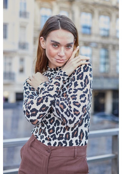 Jument Kadın Kaşkorse Yarım Balıkçı Uzun Kol Desenli Body Bluz-bej Leopar Bej Leopar