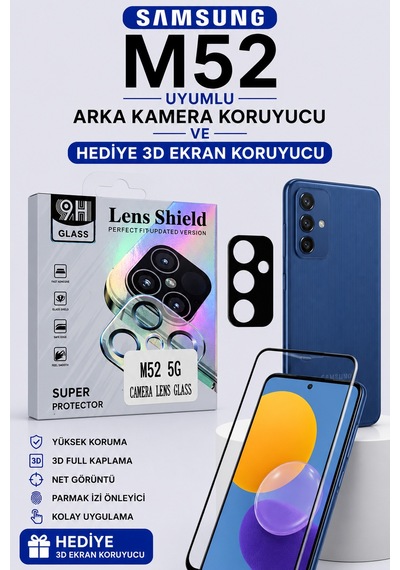 Samsung M52 Uyumlu Arka Kamera Koruyucu+ Full Ekran Koruyucu Seti Si Yah