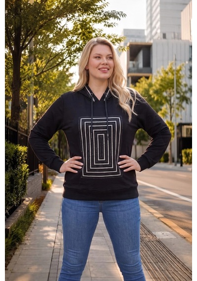 Aytemas Önü Ve Kapüşonu Taşlı Sweatshirt Siyah