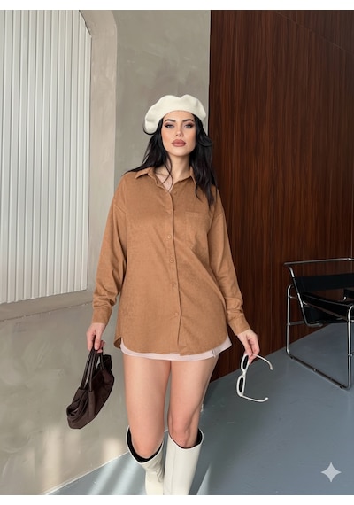 Ribana Classic Kadın Oversize Süet Büyük Beden Uzun Kollu Düğmeli Tek Cepli Gömlek 4962 Kahverengi