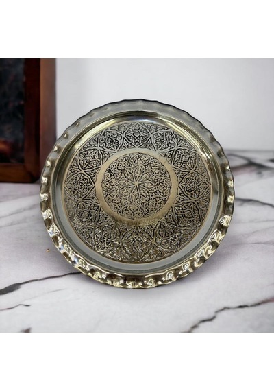 Kalaylı İşlemeli Çirtikli Bakır Tepsi 24 Cm Gümüş