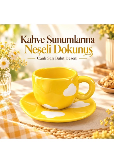 Valkyrie Bulut Desenli Sarı Çay Ve Kahve Fincanı Ve Tabağı Seramik Şık Sunum Seti Sarı
