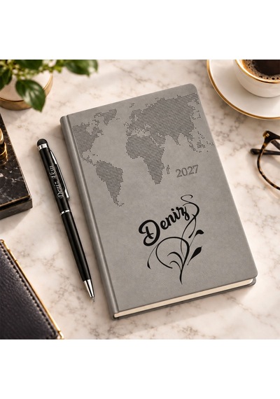 Bk Gift Kişiye Özel 378 Termo Deri Tarihli Ajanda & Siyah Touch Pen Tükenmez Kalem-5 Gri