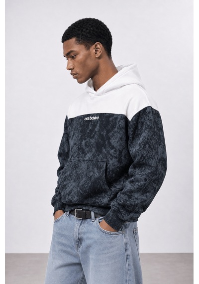 Respire Erkek Not Básico Baskılı Yıkamalı Oversize Hoodie Siyah