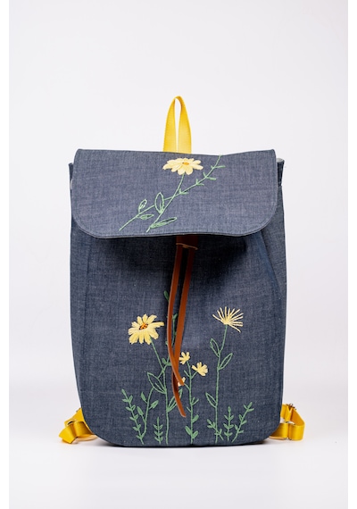 Fabric Craft Bag Sırt Çantası Kot Kumaş Çiçek Nakışlı Büzgülü Kot