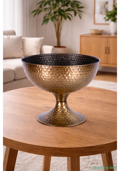 Yapay Çiçek Sitesi Metal Dekoratif Darbeli Vazo 22 Cm Bronz