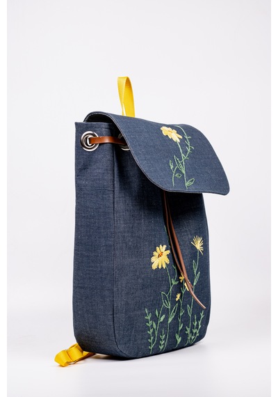 Fabric Craft Bag Sırt Çantası Kot Kumaş Çiçek Nakışlı Büzgülü Kot