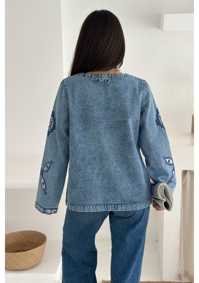Femelle Etnik Desenli Pul Payet Nakışlı Denim Kot Ceket Vintage Bohem Tarz - 2789 mavi