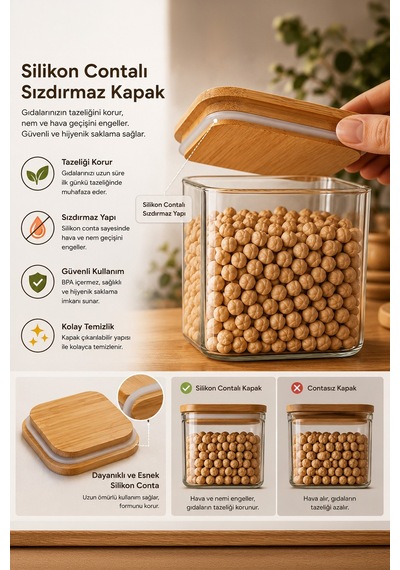 Porsima 12'li Kare Bambu Ahşap Kapaklı Cam Kavanoz Seti 1900 Ml, 1250 Ml, 750 Ml Erzak & Baharatlık Bambu - Şeffaf