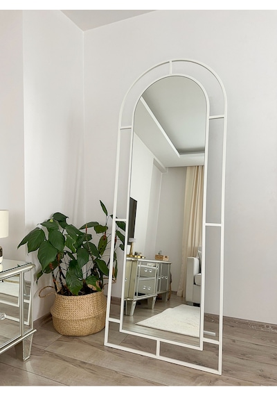 Effe Beyaz Metal Çerçeveli 180x70 Cm Pencere Model Oval Ayaklı Boy Aynası