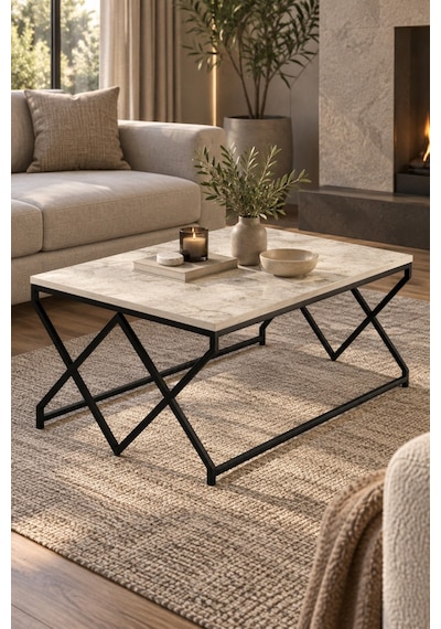 Sulorahome Bej Kare Orta Sehpa Siyah Metal Ayaklı
